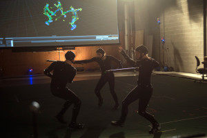 Motion-capture performers (Geoff Scovell, Anita Nittoly, Jennifer Murray) work in front of green screen. Shot on location at Screen Industries Research and Training Centre, Toronto (photo by Christos Kalohoridis for Shaftesbury)