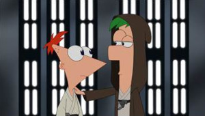 Phineas and Ferb dressed as Luke Skywalker and Obi-Wan Kenobi from Star Wars.